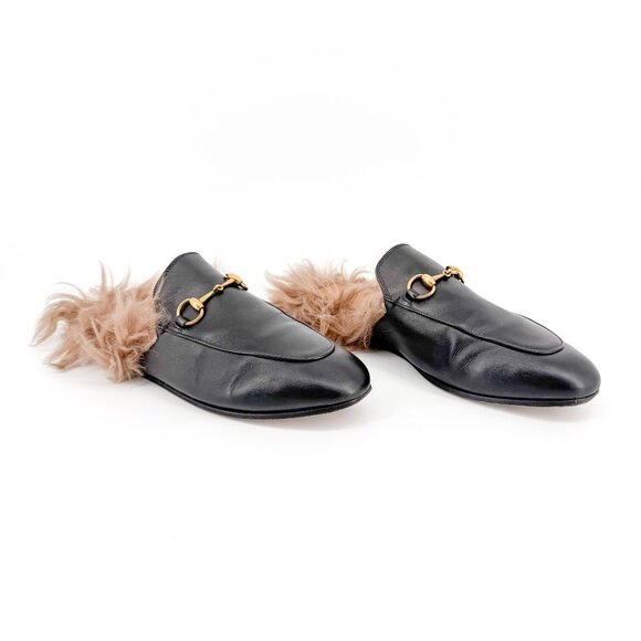 Gucci Princetown Horsebit Fur Loafer Mule Size 38.5 US 8.5 Black Shearling Flat - Picture 1 of 15